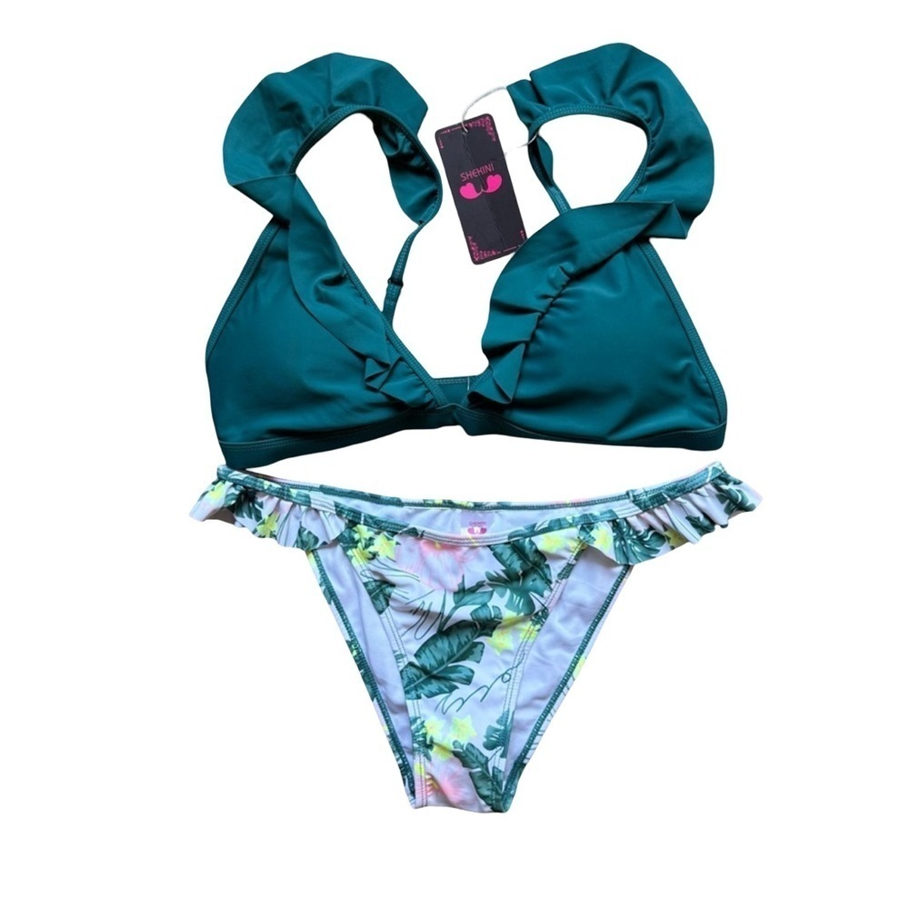 Shekini Green and White Bikini with Tropical Floral Beach Size L Swim Resort
